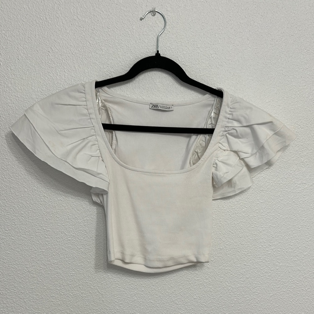 Zara White Ruffle Sleeve Crop Top